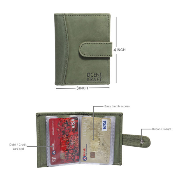 Men & Women Formal Casual Green Genuine Leather Card Holder Button Closure