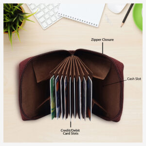 Genuine Leather RFID Protected Zip Closure Ladies Brown Card Case For Unisex