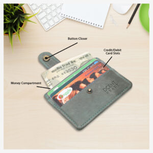 Genuine Leather RFID Blocked Slim Button Closure Grey Card Holder For Unisex