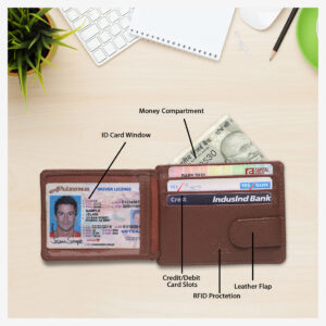 Genuine Premium Quality Leather Card Holder, RFID Blocked Slim ID Window Brown Color Card Holder For Unisex