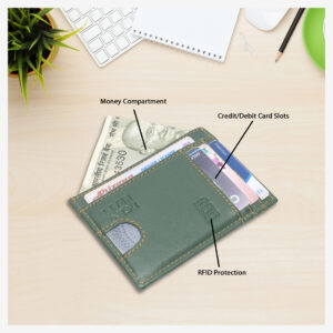Genuine Leather Slim RFID Blocked ID WIndow Green Color Leather Card Holder For Unisex