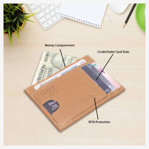 Genuine Leather Slim RFID Blocked ID WIndow Tan Color Leather Card Holder For Unisex