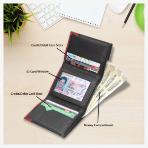 Genuine Leather RFID Card Protected, Tri Fold ,ID Window, Black Red Color Three Fold Wallet For Men